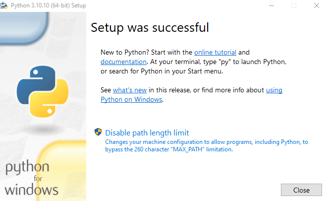 La configurazione di Python ha avuto successo